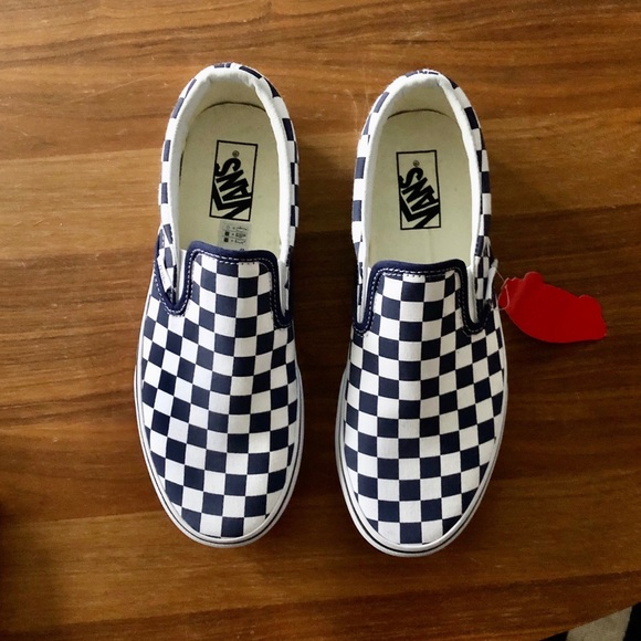 navy blue checkered slip on vans